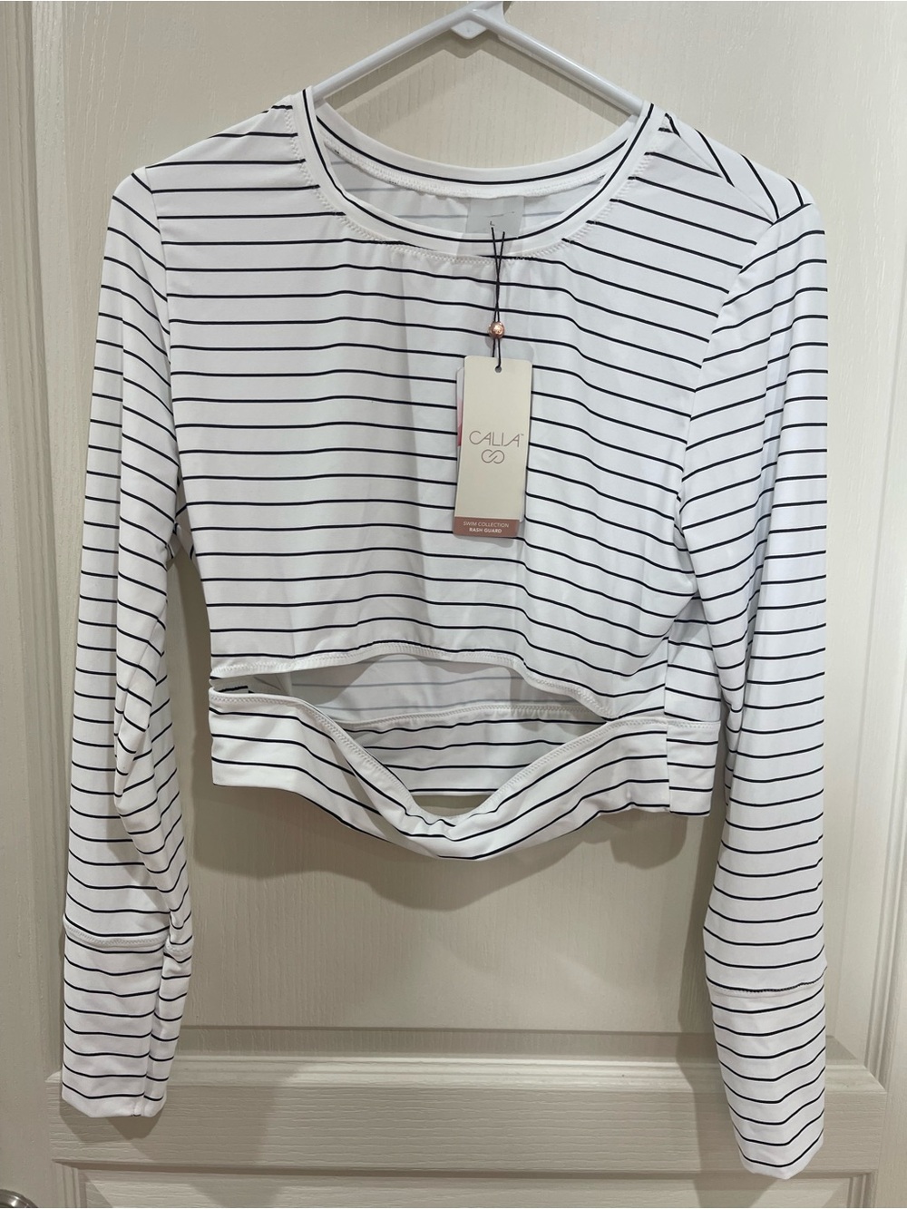 CALIA by Carrie Underwood White and Black Striped Long-Sleeve Twist Crop Top
